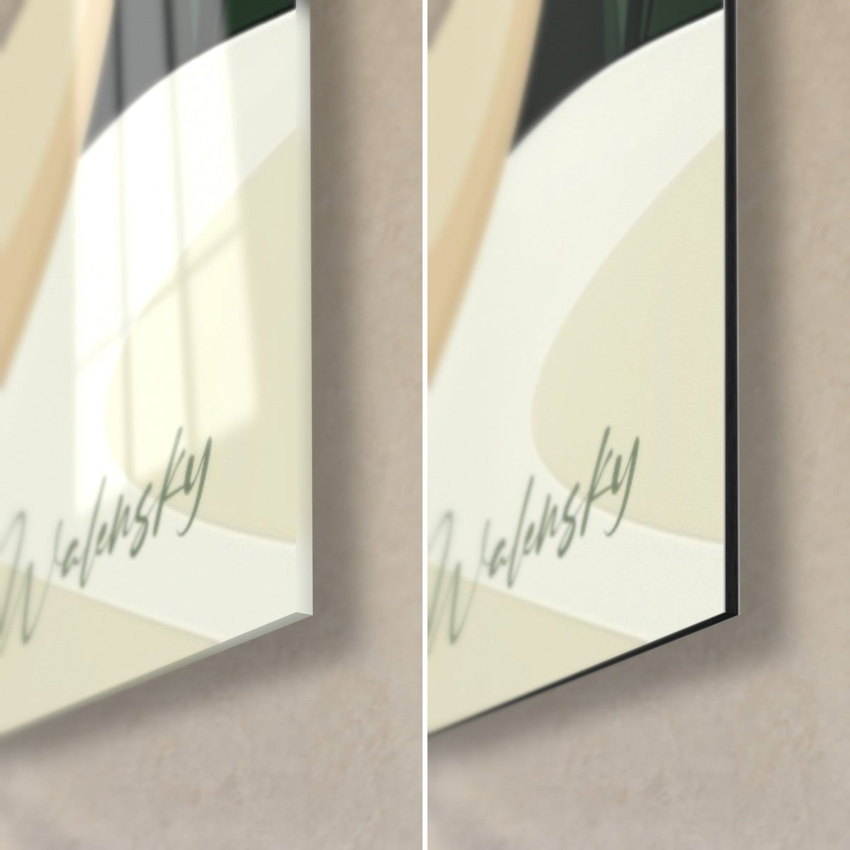Wall art small desert fox, Walensky signature in green, bottom right: glossy glass with reflections, matte black Dibond, 3 mm edge