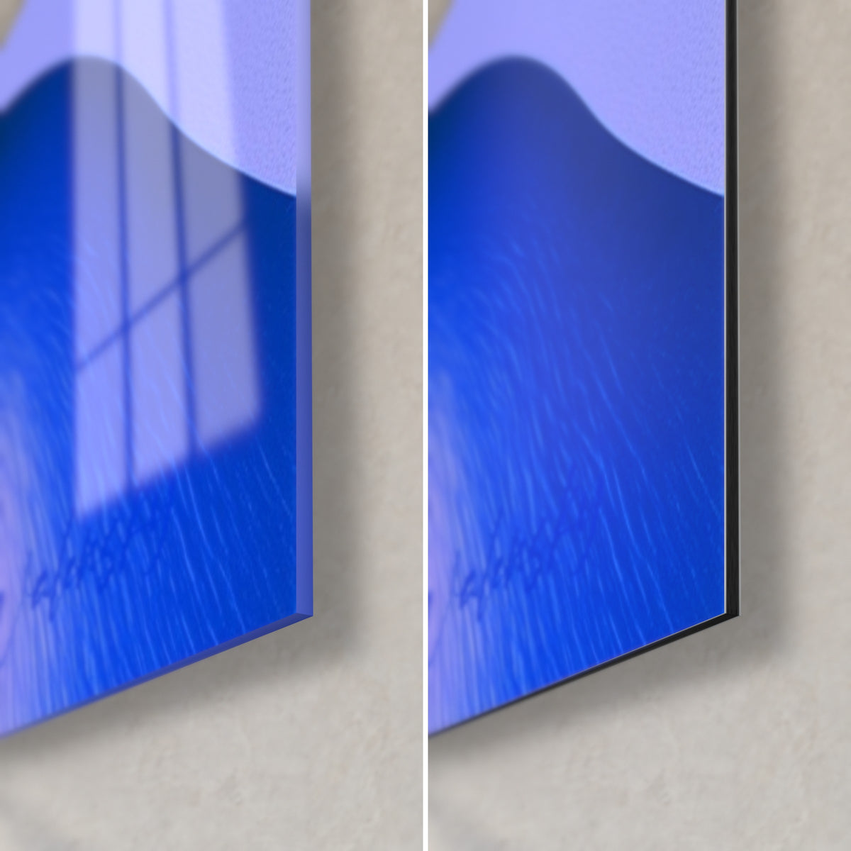 Wall art small desert fox in blue and pink, bottom right corner in glossy acrylic glass on the left and matte black Dibond on the right
