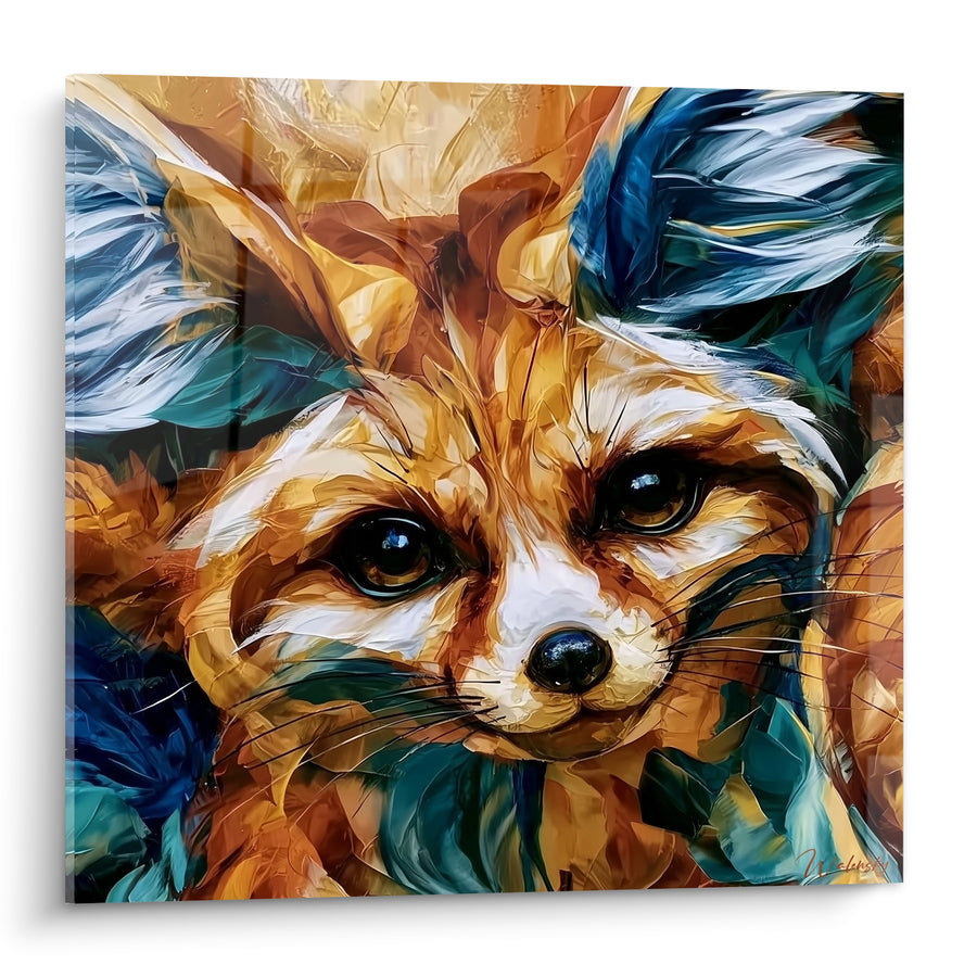 Tableau Fennec doré aux oreilles bleu paon - Regard qui capte - Edition Fennec