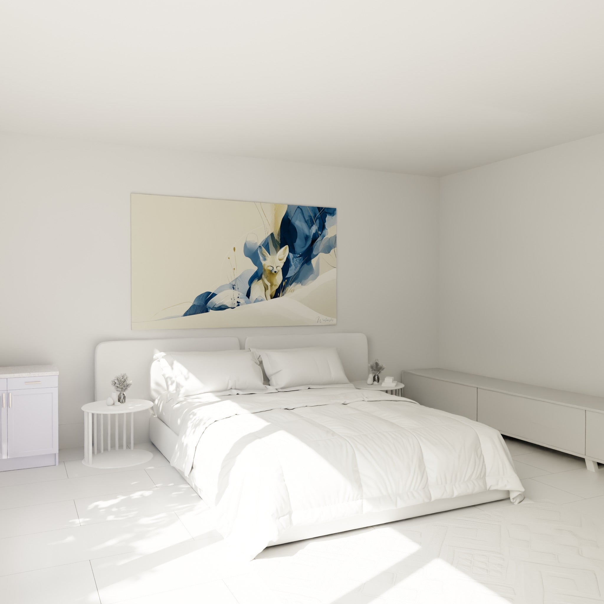 Renard des sables crème et bleu marine, silhouette paisible, au-dessus d'un lit dans une chambre claire