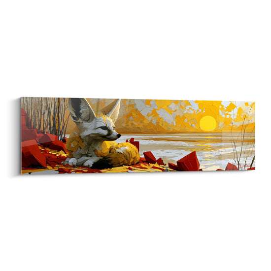 Fennec allongé aux oreilles dressées, pelage blanc et crème, fond doré et rouge terracotta au coucher du soleil