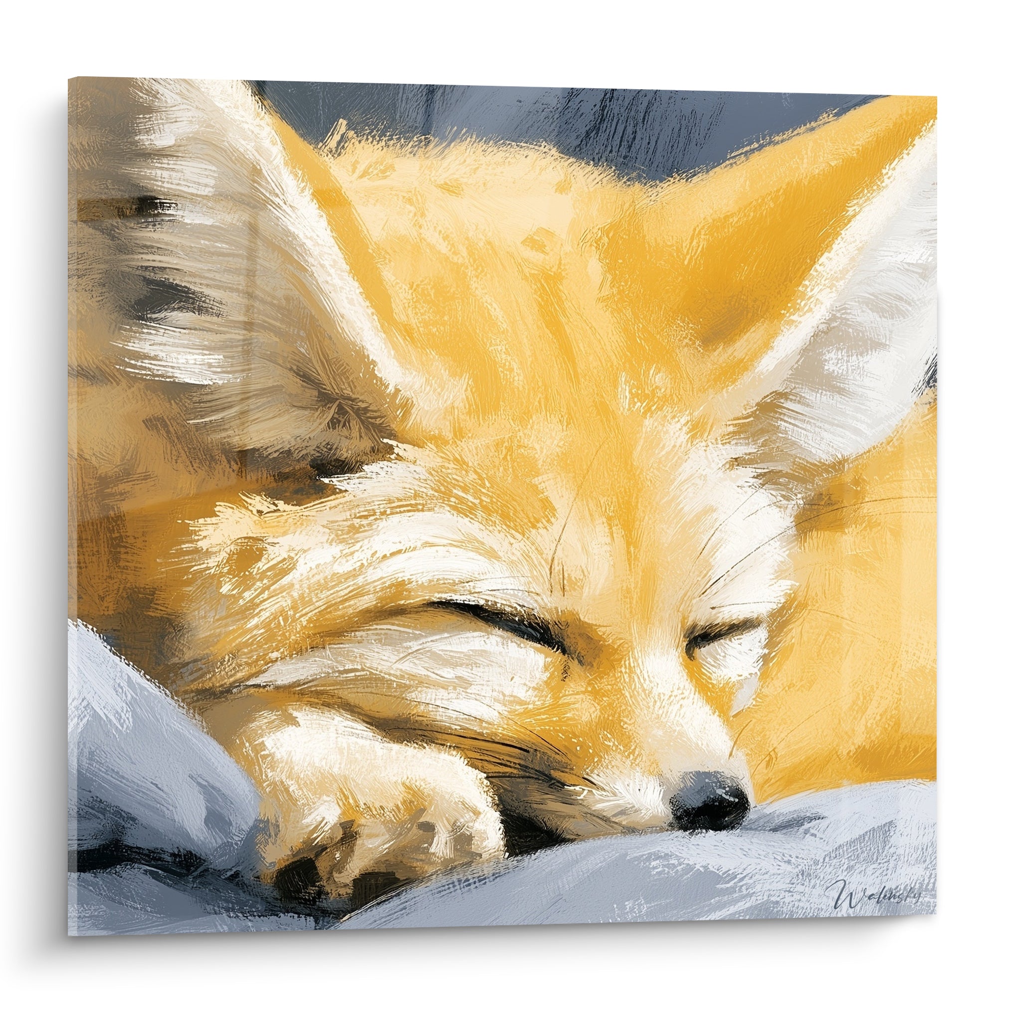Fennec doré aux yeux clos, oreilles blanches dressées, fond bleu-gris peint en larges touches