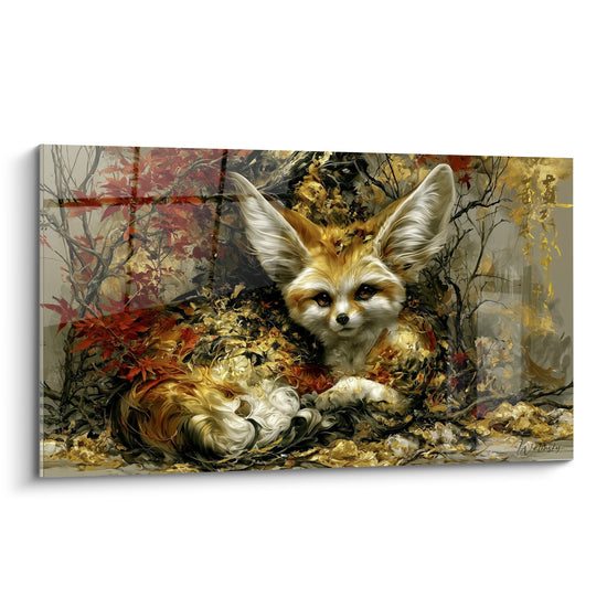 Fennec doré aux grandes oreilles blanches, allongé parmi des feuillages rouges et anthracite