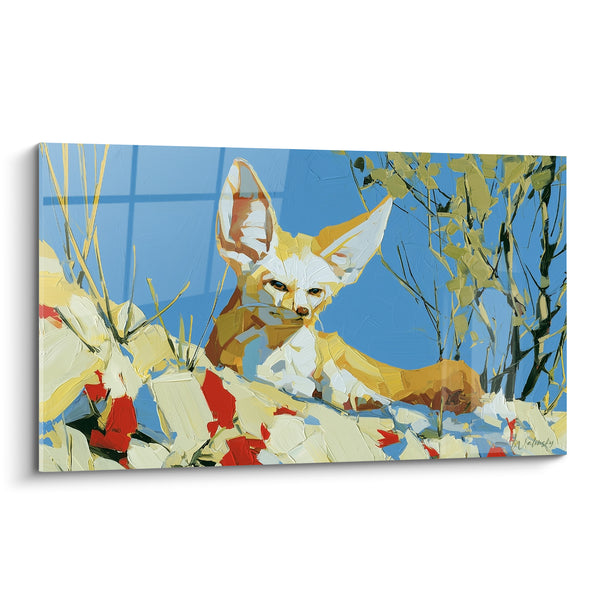 Tableau Fennec couché fond bleu doré - Affût silencieux - Edition Fennec