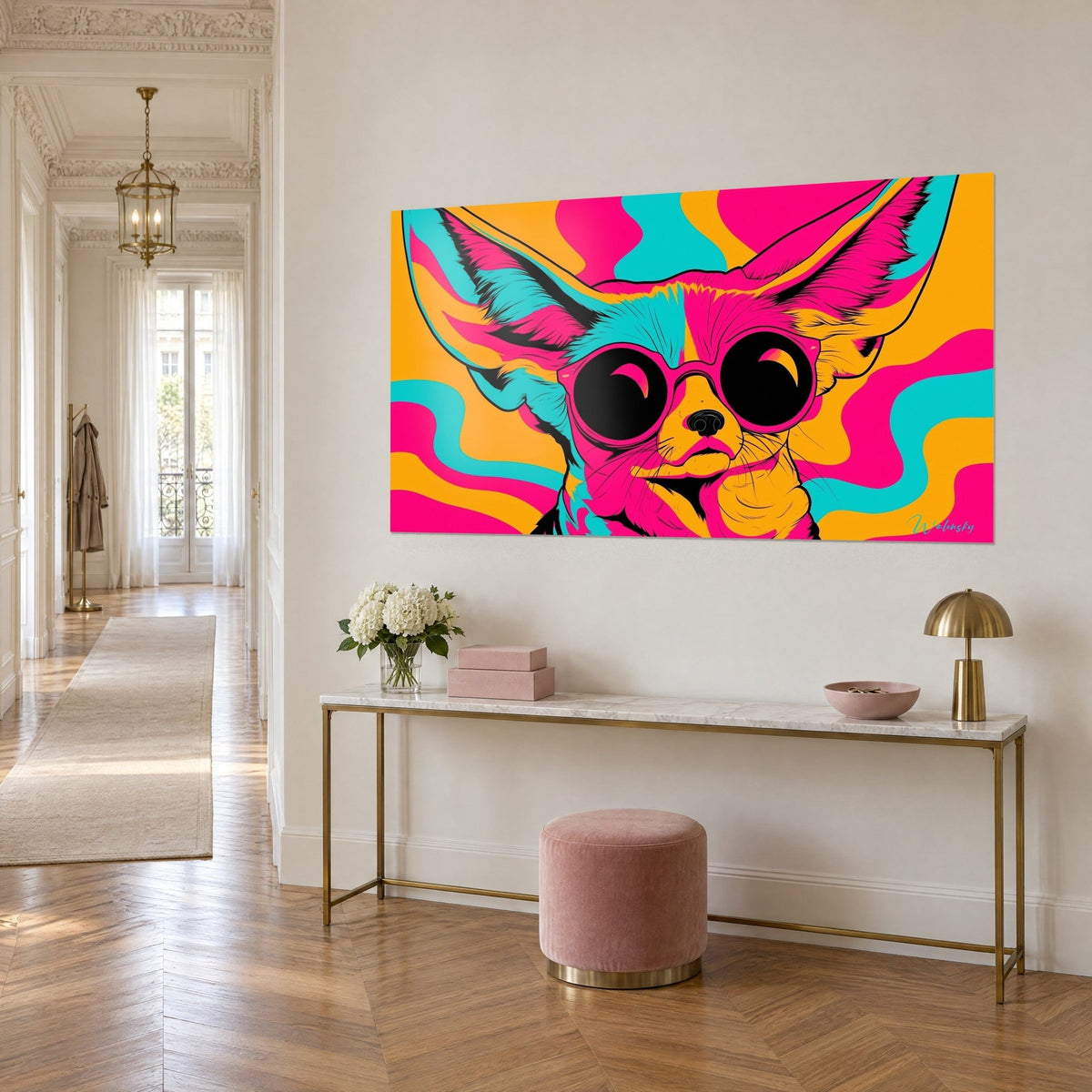 Πίνακας φενέκ με τεράστια αυτιά σε στυλ pop art, κυματιστές ώχρες και κυανές καμπύλες, τριών τετάρτων όψη πάνω από χρυσή κονσόλα