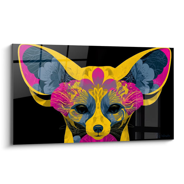 Tableau Fennec doré aux motifs floraux roses - Regard hypnotique nocturne - Edition Fennec