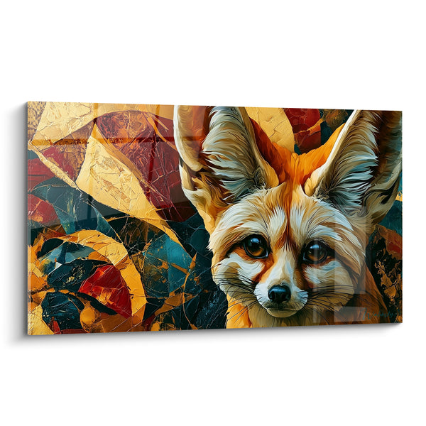 Tableau Fennec doré et rouge à fond mosaïque géométrique - Motifs fissurés vitraux - Edition Fennec