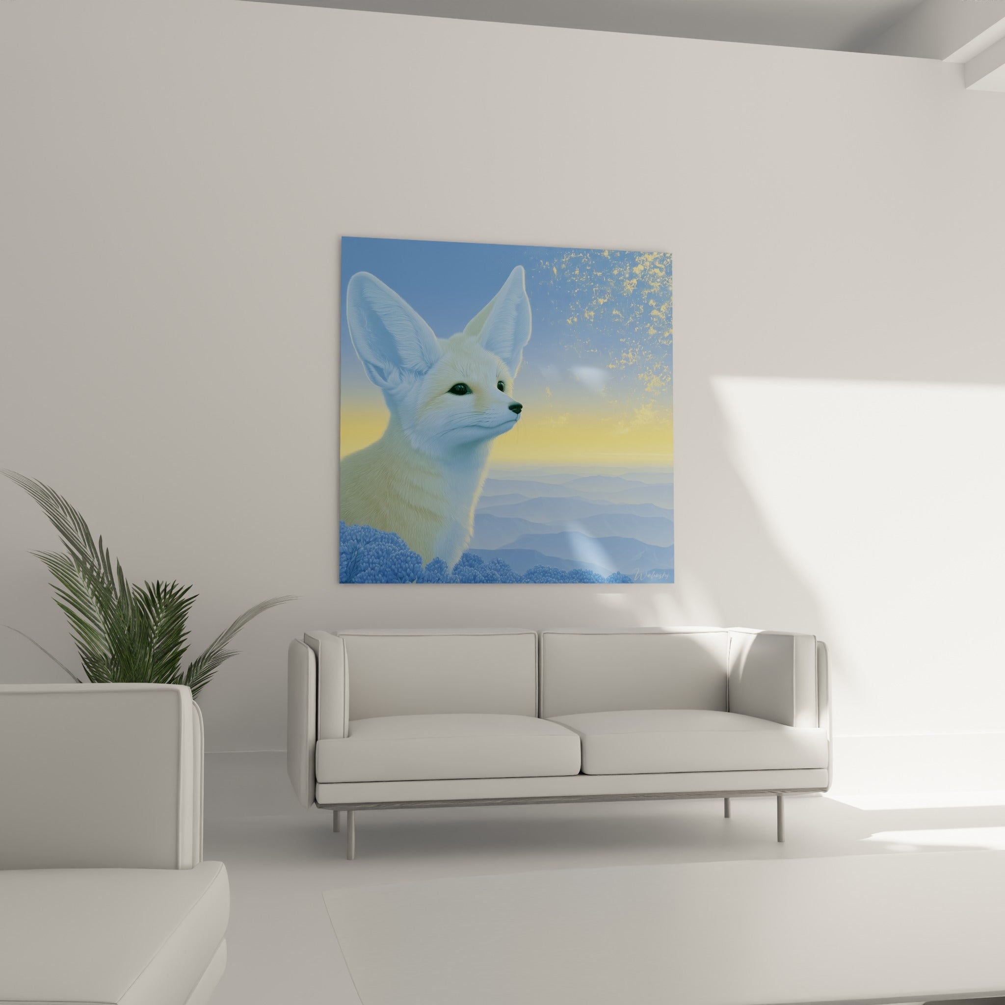 Portrait du fennec doré et bleu marine, tableau placé au-dessus d'un canapé dans un salon lumineux