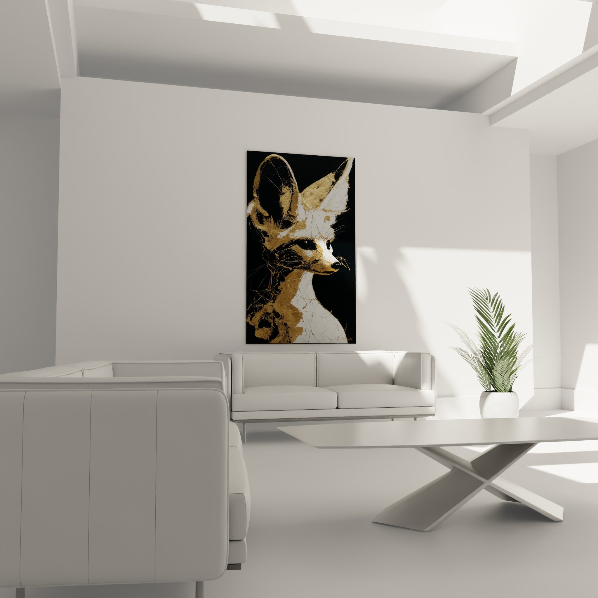 Renard des sables aux touches dorées et noires, exposé au-dessus d'un canapé dans un salon lumineux