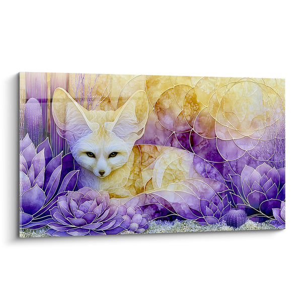 Tableau Fennec doré parmi succulentes mauves - Refuge parmi les fleurs - Edition Fennec