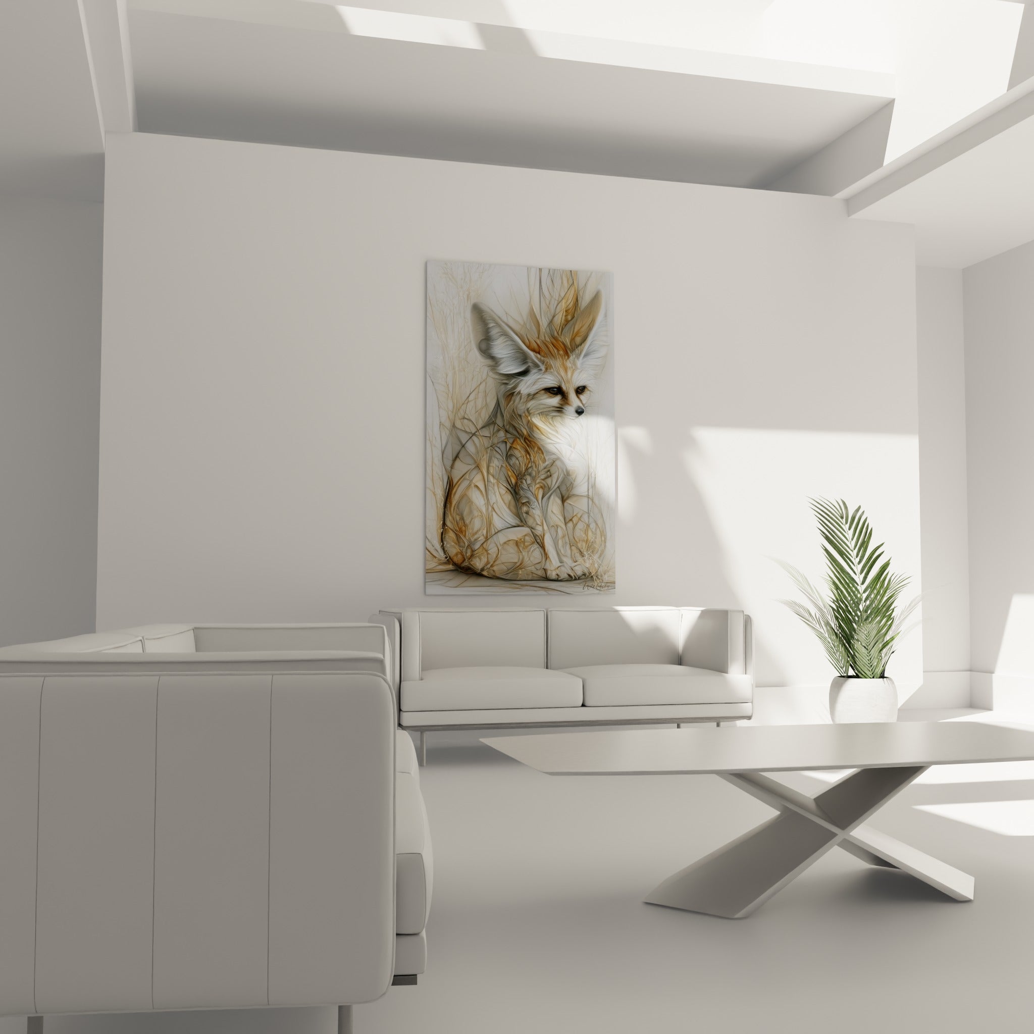 Silhouette du fennec aux tons dorés et gris pâle, tableau accroché au-dessus d'un canapé dans un salon lumineux