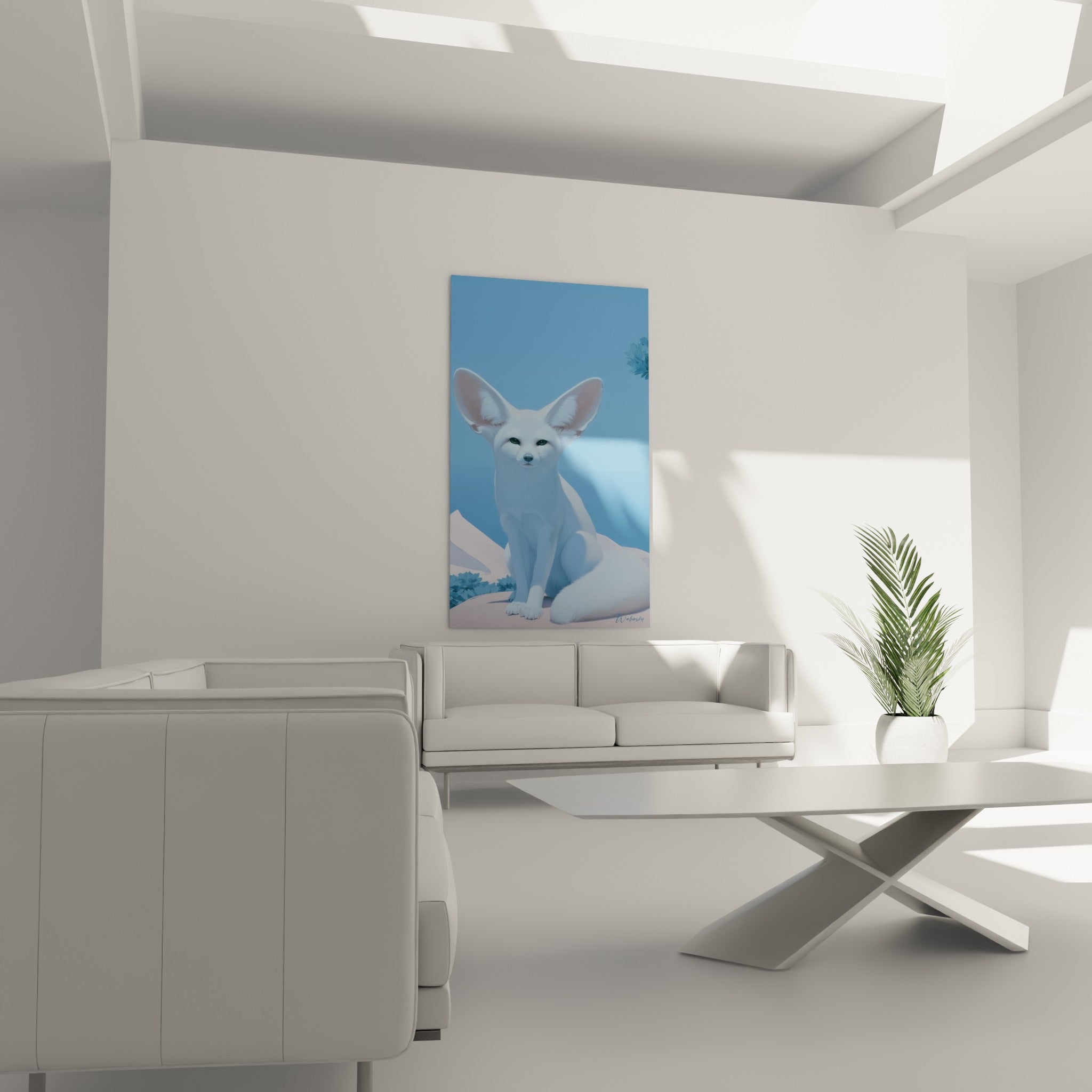 Silhouette blanche du fennec sur dune stylisée, bleu marine en fond, au-dessus d'un canapé dans un salon lumineux