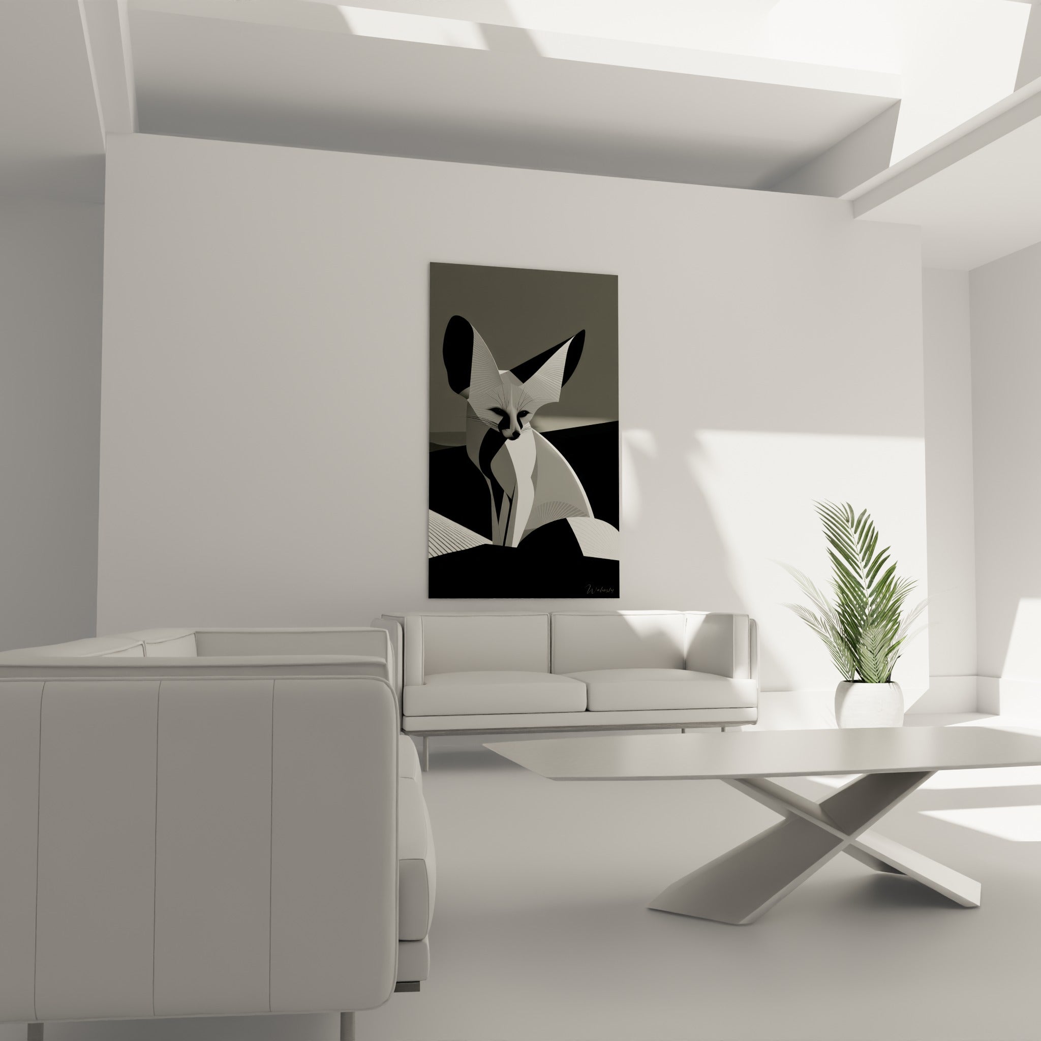 Silhouette du fennec en facettes noires et grises, suspendue au-dessus d'un canapé dans un salon lumineux