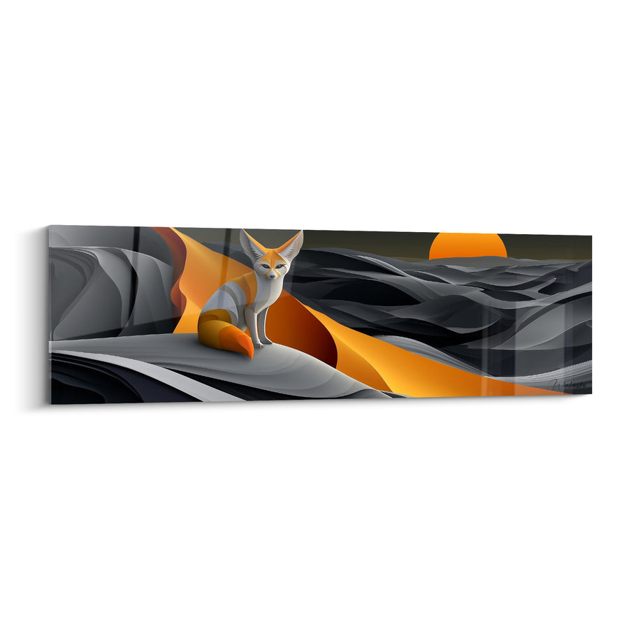 Tableau Fennec gris et orange sur dunes sculptées - Soleil rond suspendu - Edition Fennec