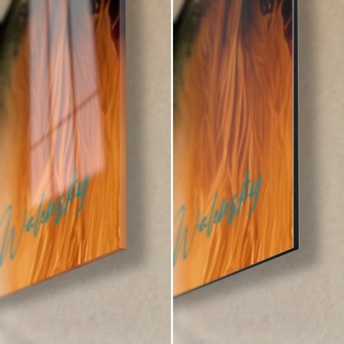 Tableau fennec à lunettes, coin bas droit : verre acrylique brillant aux reflets, alu Dibond mat orange, tranche de 3 mm