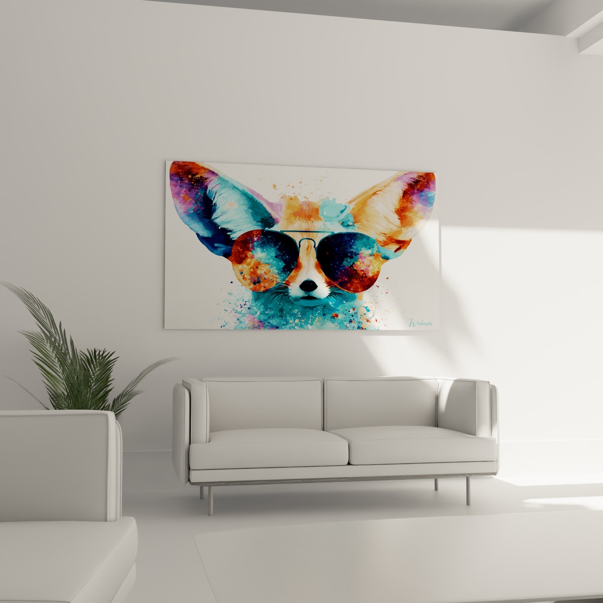 Museau de fennec blanc et oreilles turquoise avec éclaboussures colorées au-dessus d'un canapé dans un salon lumineux