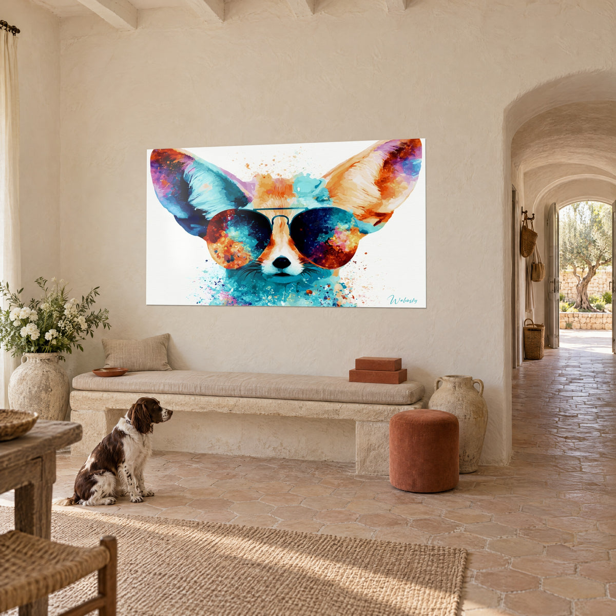 Quadro volpe del deserto in acquerello arancio e blu, occhiali da sole che riflettono nebulose, con uno spaniel, casale provenzale