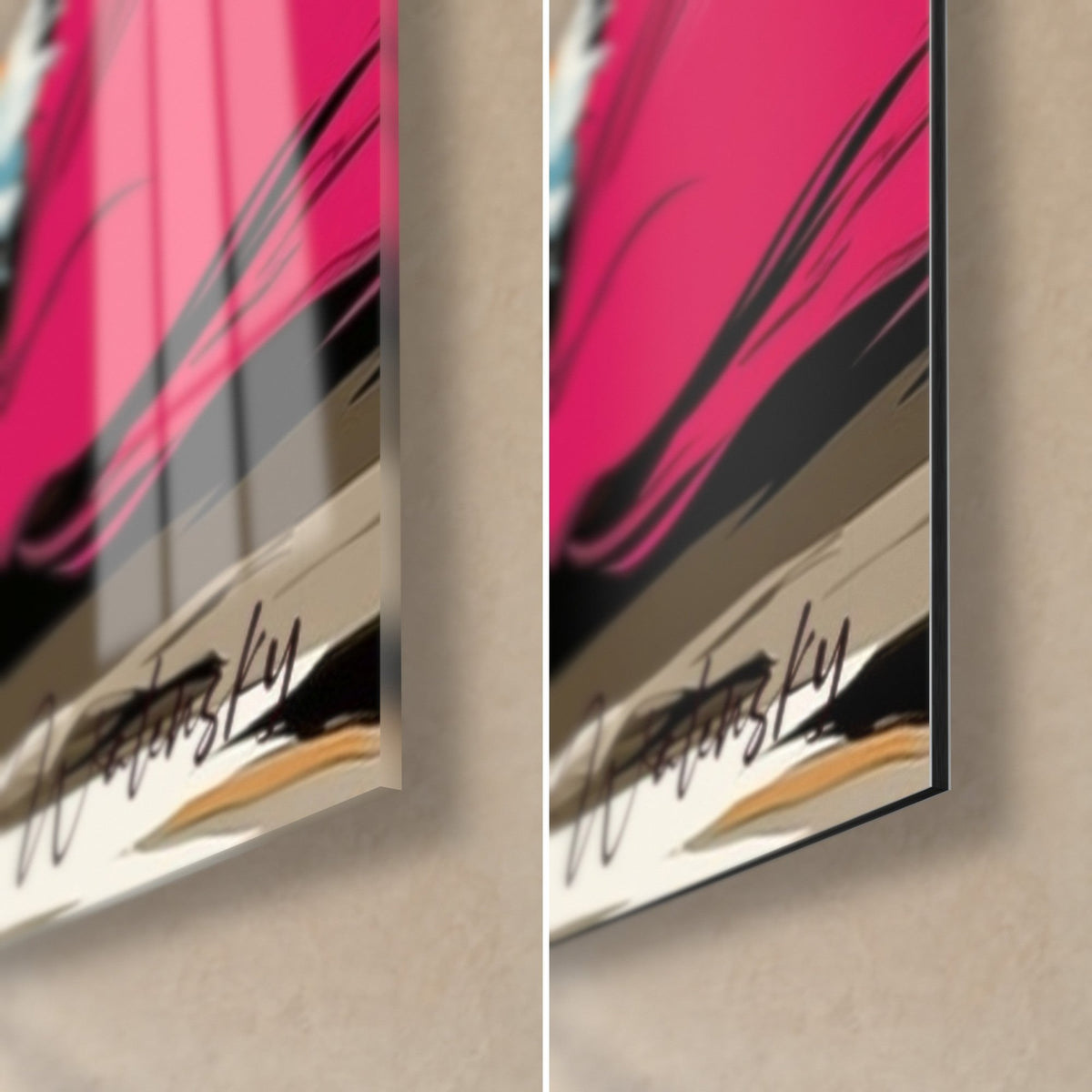 Wall art fennec fox in pink and blue, bottom right corner: glossy acrylic glass on the left, matte black Dibond aluminum on the right, Walensky signature