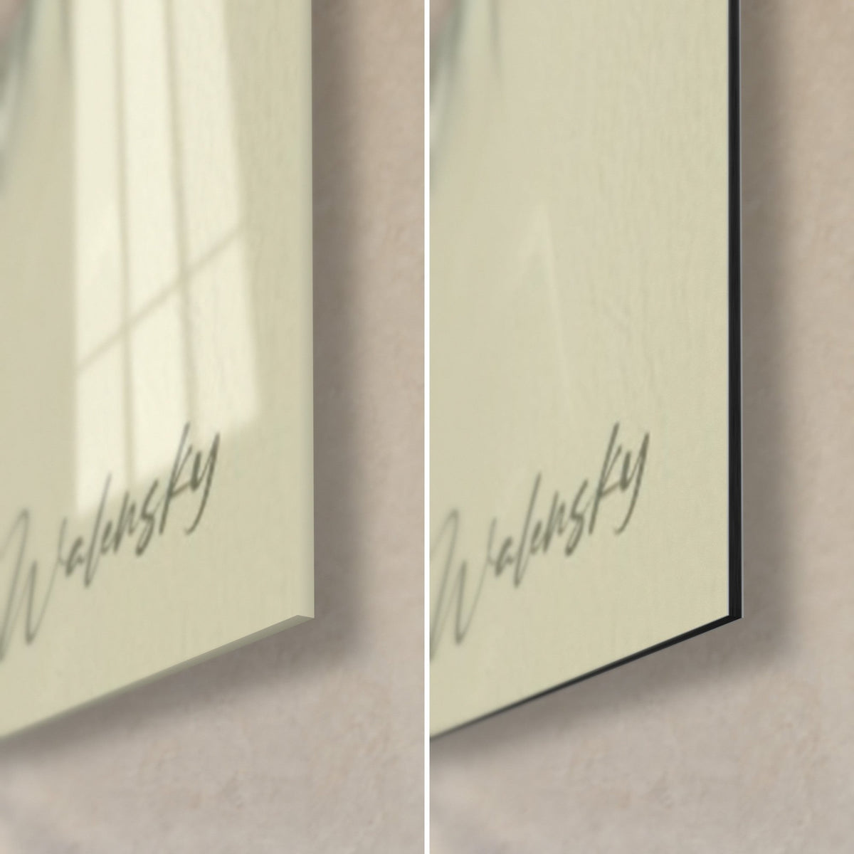 Wall art white and russet fennec fox, bottom right corner: glossy acrylic glass reflecting light on the left, matte Dibond aluminium on the right, 3 mm edge