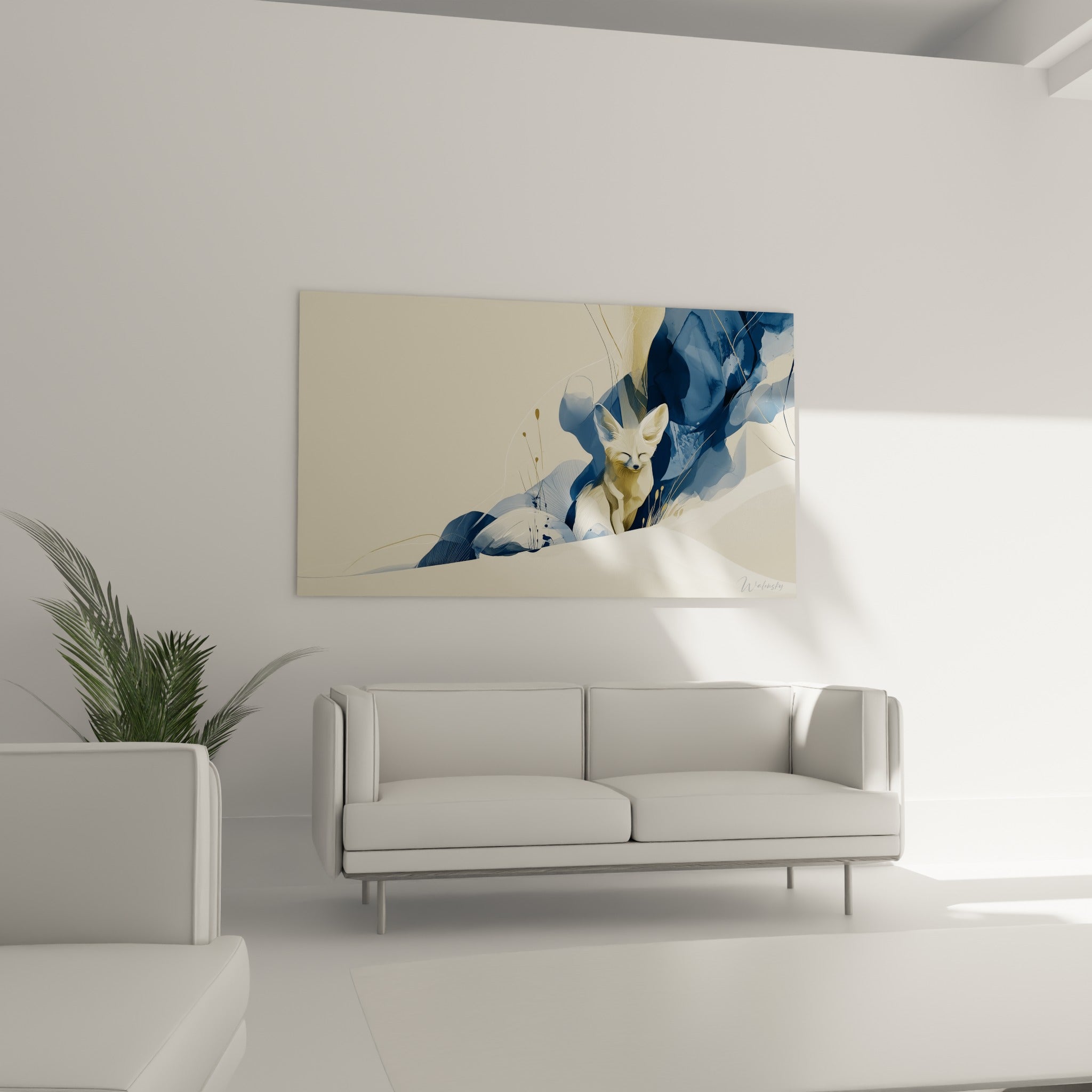Créature du désert aux oreilles dressées, tons crème et bleu marine, au-dessus d'un canapé dans un salon lumineux