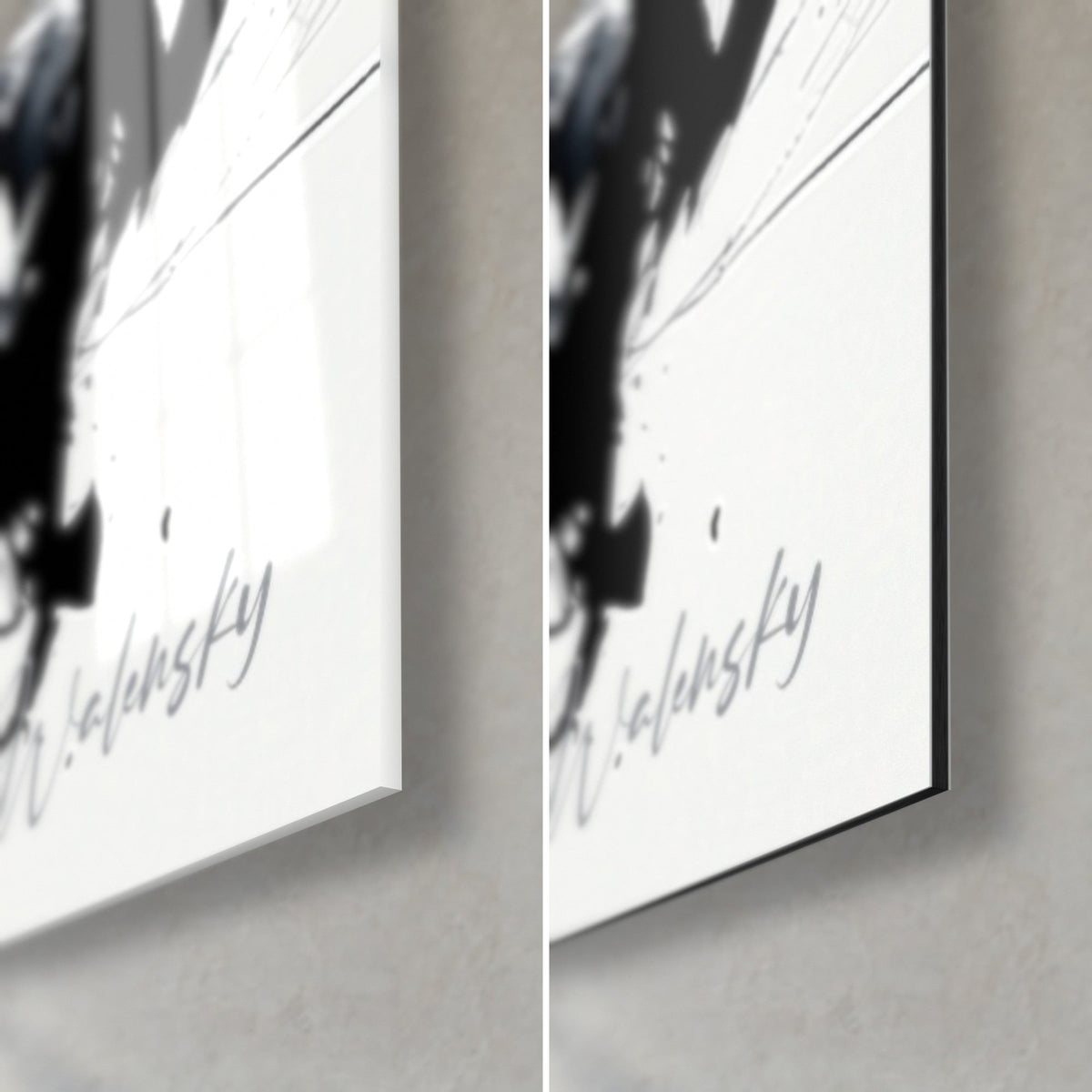 Wall art small white desert fox, black ink splatters and Walensky signature, glossy glass corner bottom right and matte Dibond