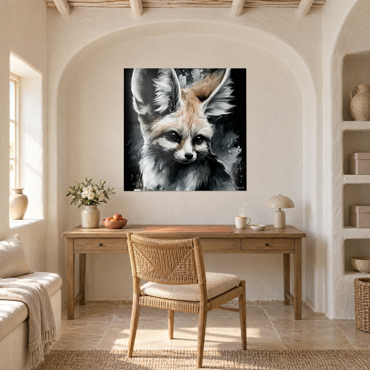 Wall art Sahara canid with huge sand-beige and white ears, grey ink stains, above a wooden desk in a vaulted niche