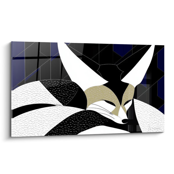 Tableau Fennec noir et blanc yeux clos sur fond facetté - Moustaches fines et museau - Edition Fennec