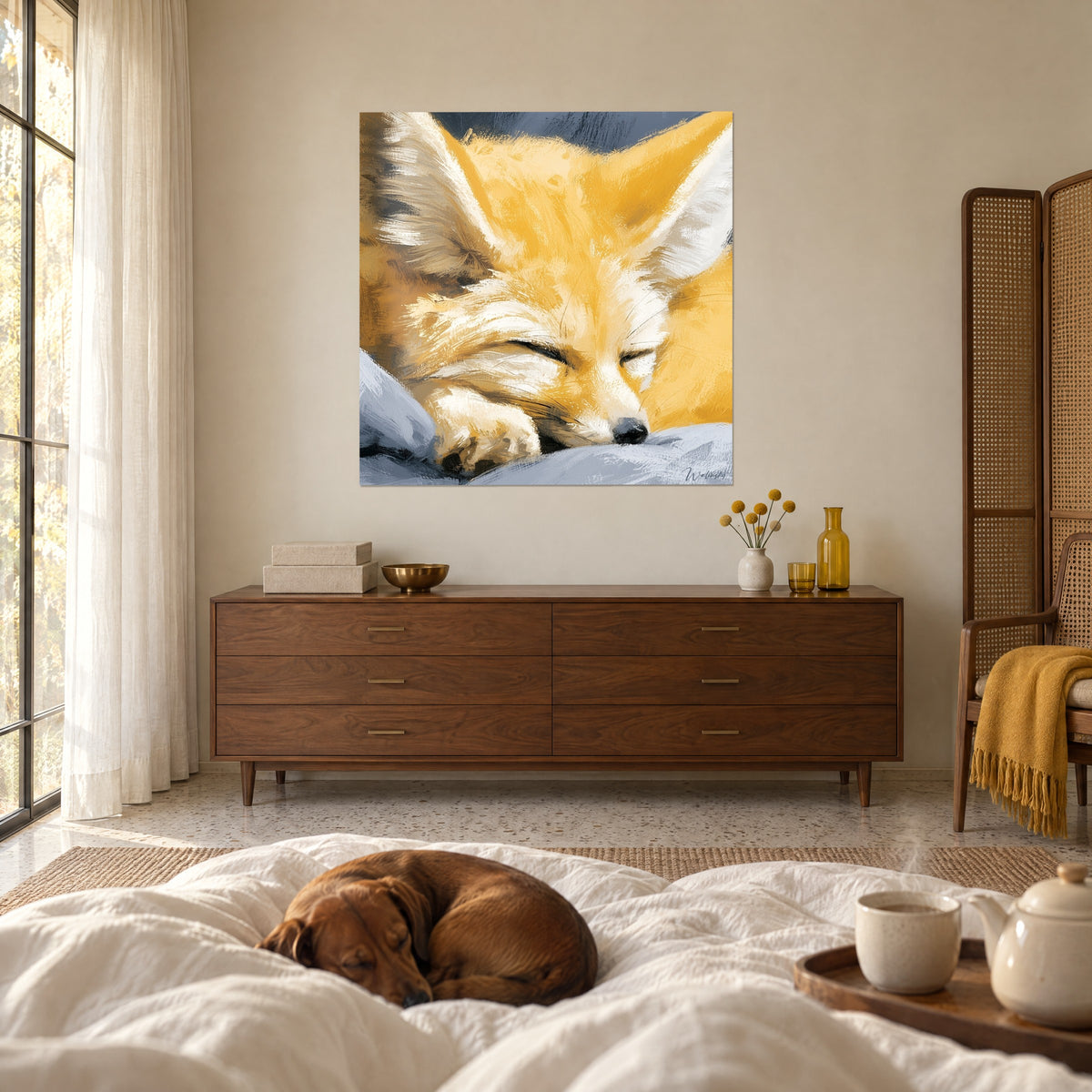 Quadro volpe fennec con gli occhi chiusi, orecchie ocra e avorio, rannicchiata su un cuscino grigio, sopra un letto in una camera luminosa