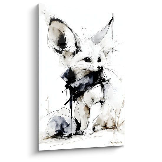 Tableau Fennec blanc et noir aux touches d'encre éclaboussées - Esquisse minimaliste au pinceau - Edition Fennec