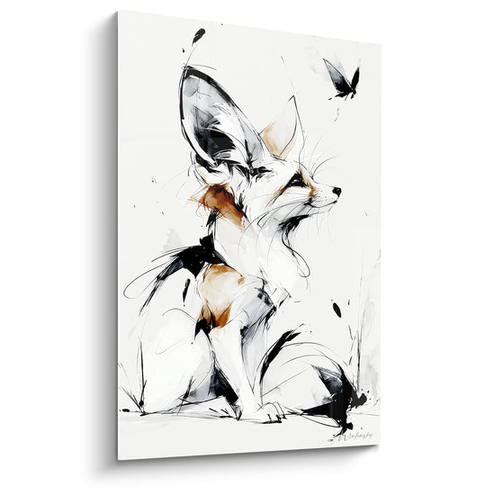 Tableau Fennec blanc et noir aux traits encrés - Papillon en envol - Edition Fennec