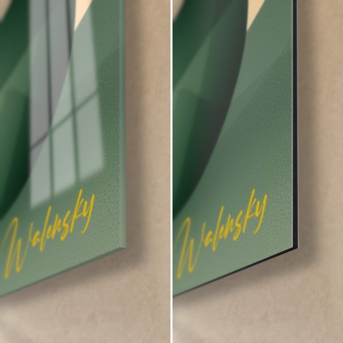 Schilderij fennek-silhouet in diep groen, gouden Walensky-signatuur, 3 mm dik, glanzend glas links en mat Dibond rechts