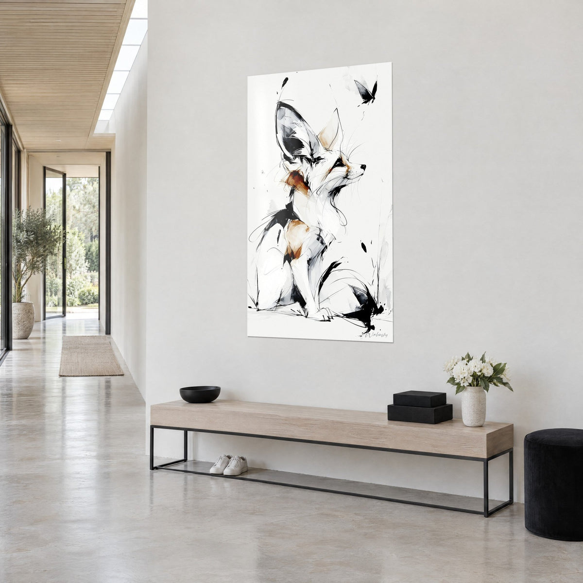 Wall art seated desert fox, muzzle raised toward a butterfly, black ink lines and rust-red washes, at the end of a bright hallway