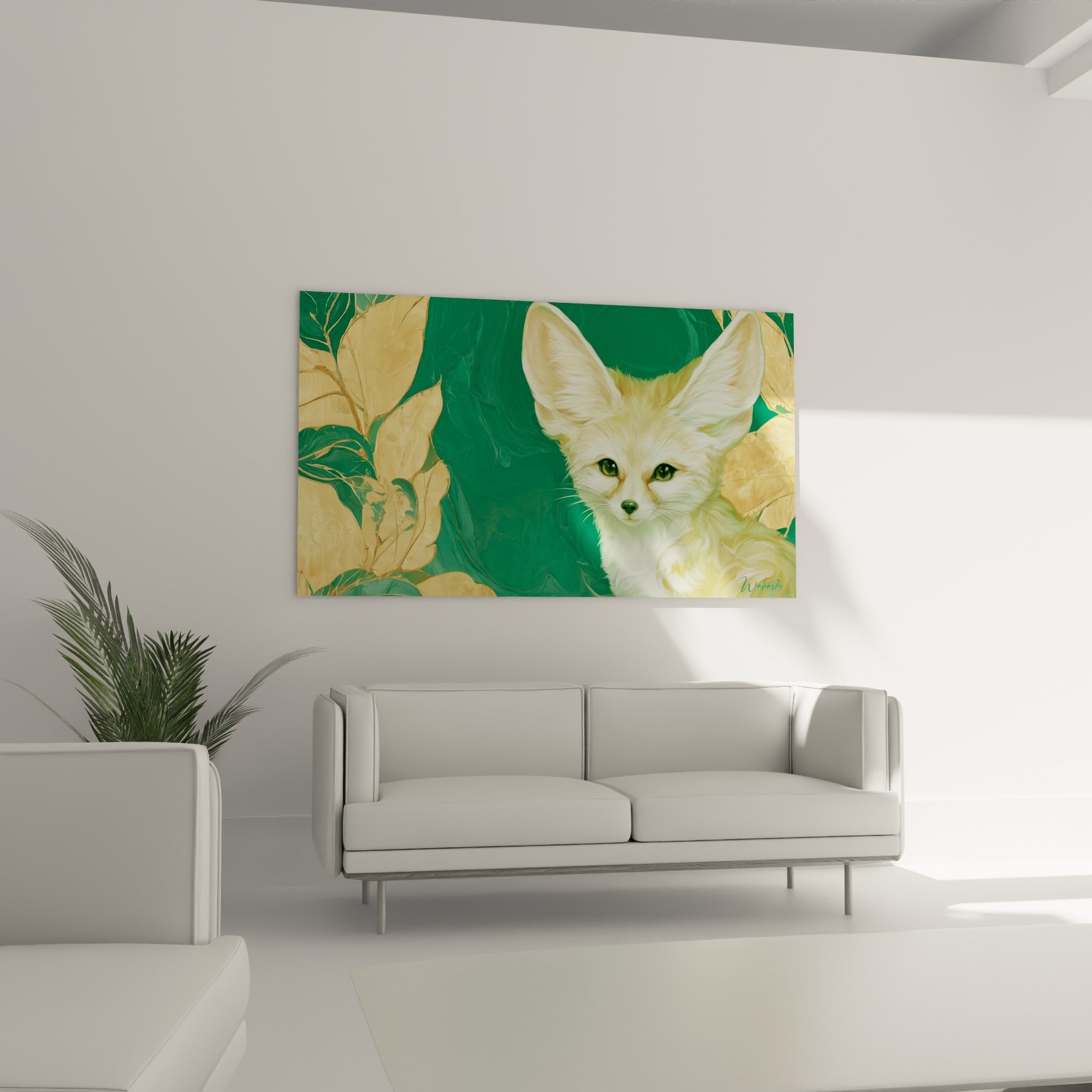 Fennec crème et doré au regard intense, affiché au-dessus d'un canapé dans un salon lumineux