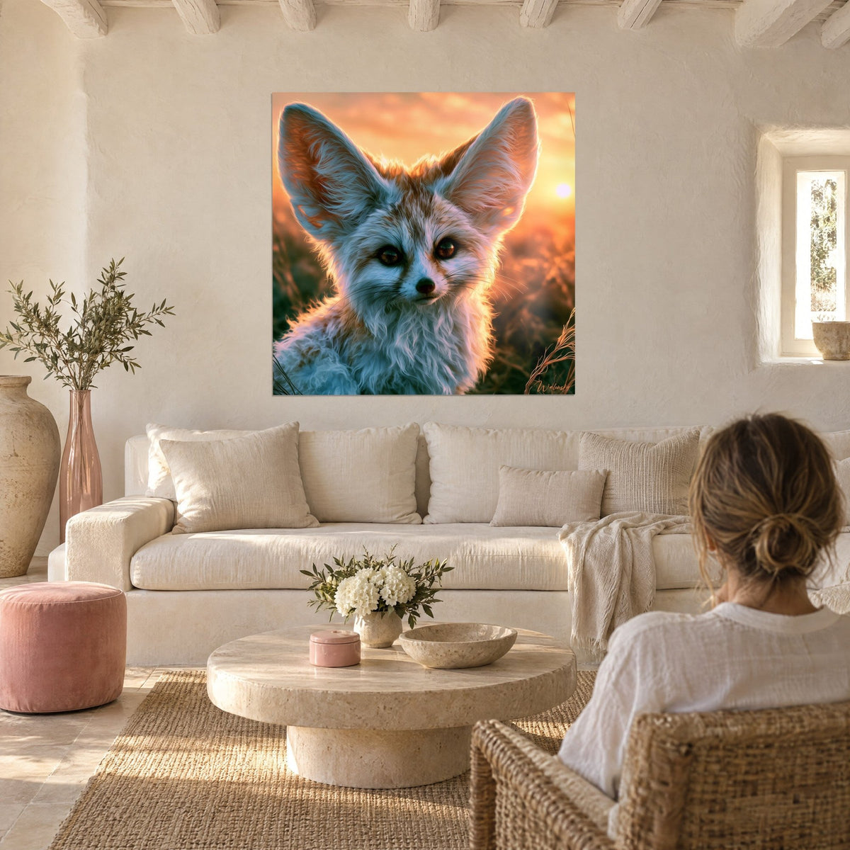 Schilderij fennek met grote vale oren en blauwgrijze vacht, oranje zon op de achtergrond, boven een bank in een lichte woonkamer