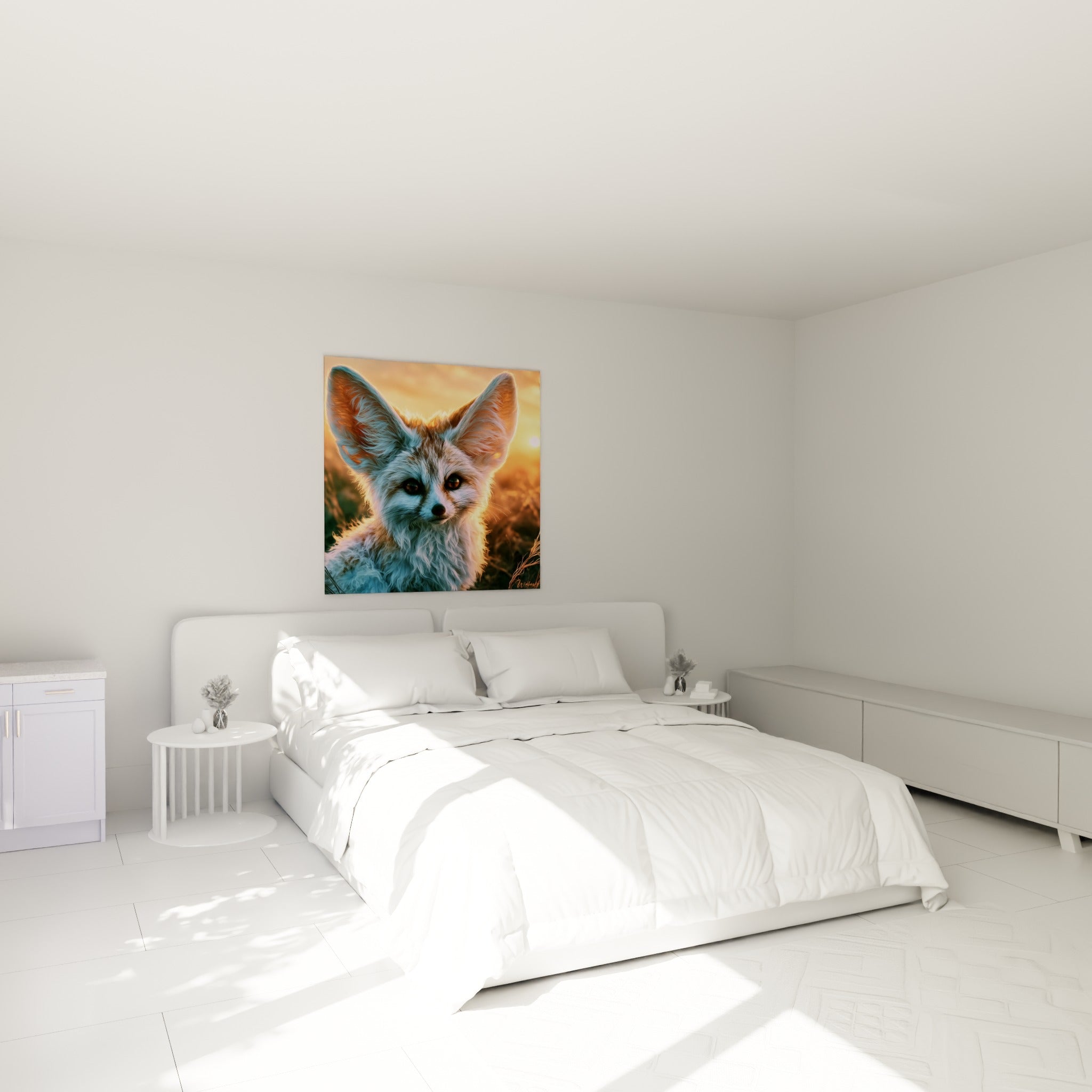 Portrait de fennec fauve et doré au-dessus d'un lit dans une chambre claire