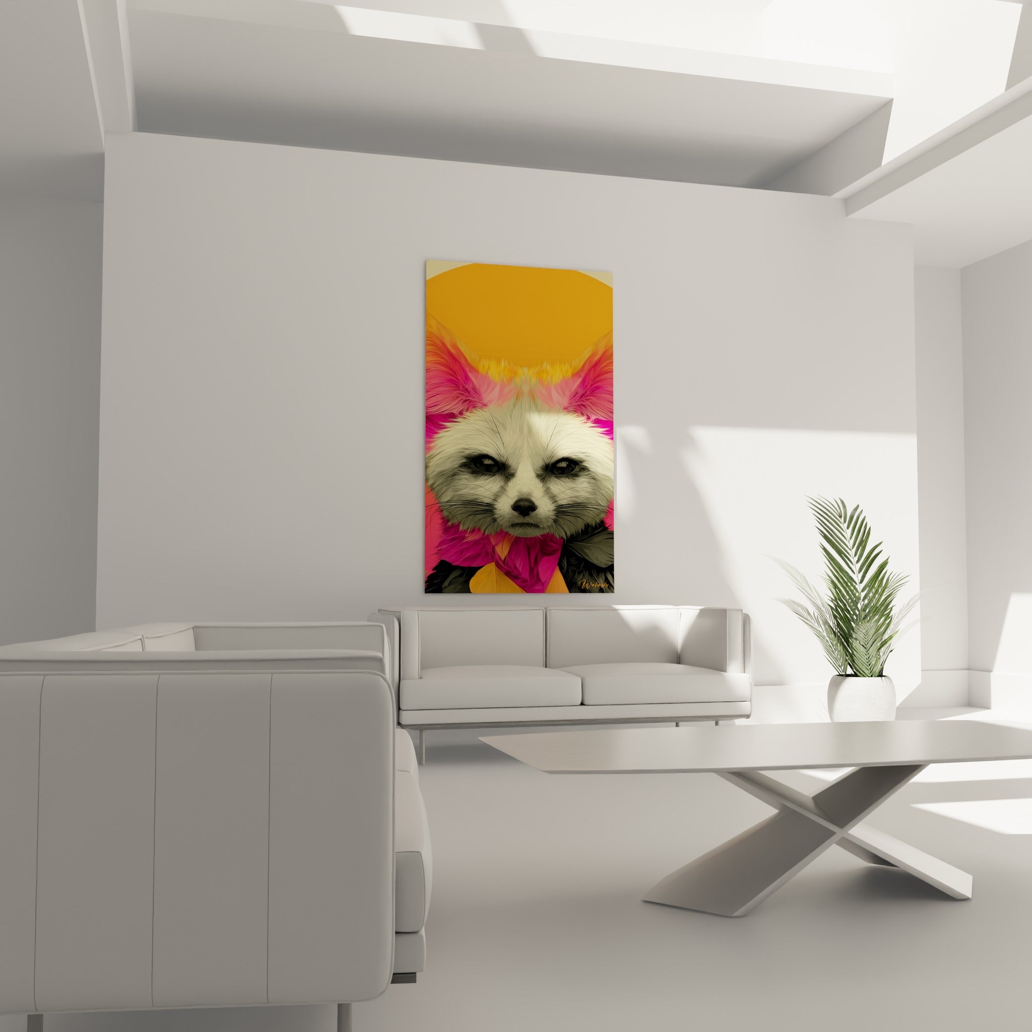 Renard des sables aux teintes orange et fuchsia, posé au-dessus d'un canapé dans un salon lumineux.