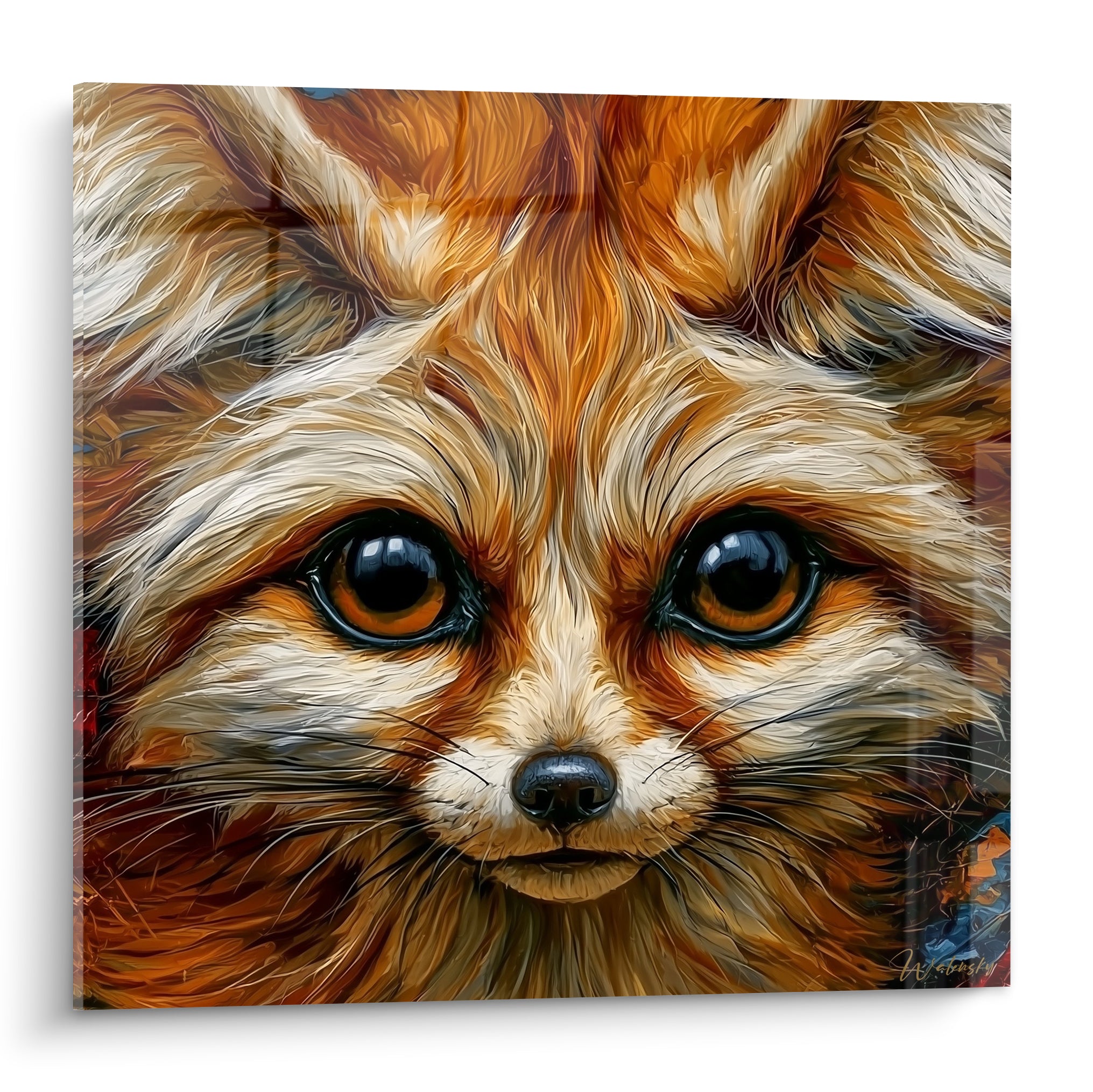 Fennec fauve et blanc aux grands yeux noirs, portrait hyperréaliste plein cadre du museau