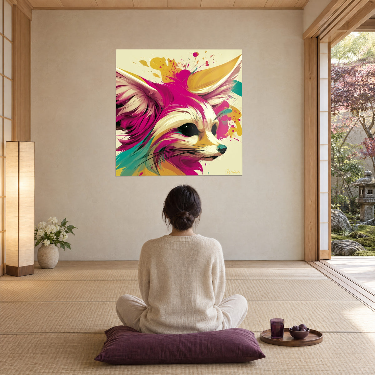 Cuadro de un fénec estilizado con orejas doradas y rosas, salpicaduras de pintura, frente a una mujer de espaldas sentada sobre un cojín ciruela, con jardín visible