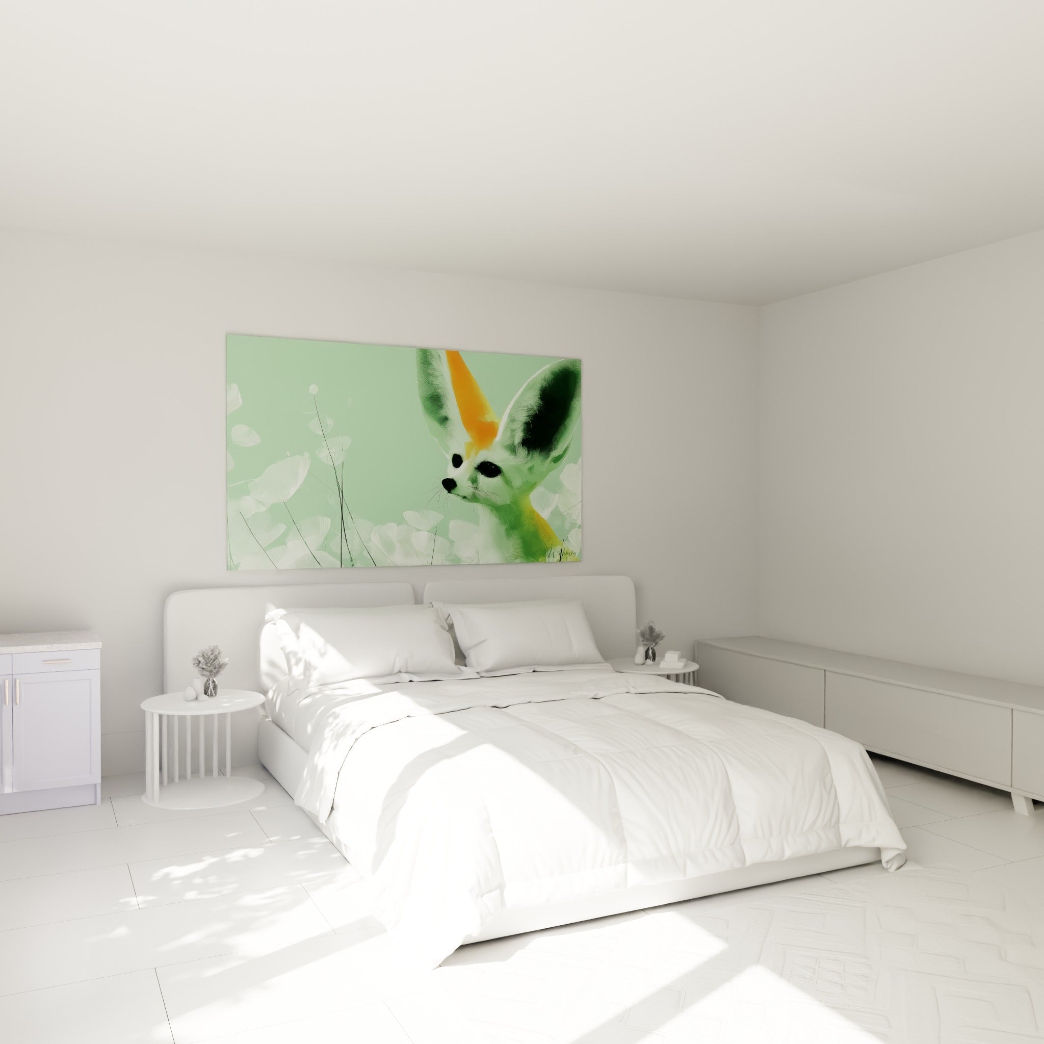 Regard perçant du fennec vert et orange accroché au-dessus d'un lit dans une chambre claire
