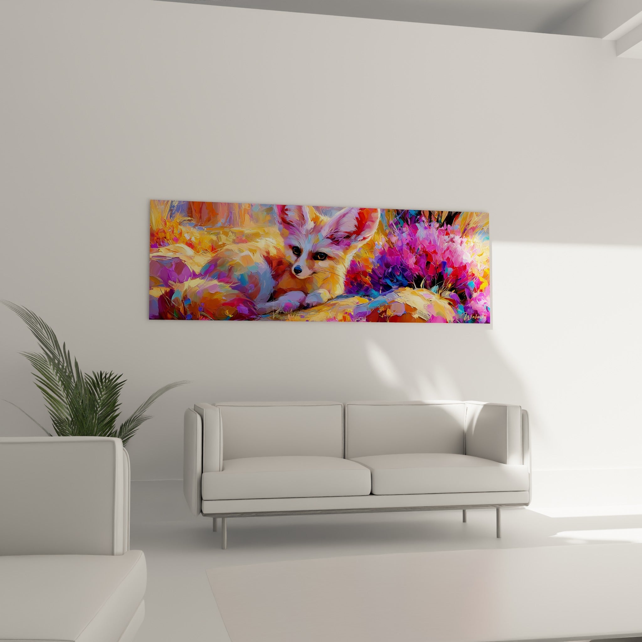 Renard des sables blotti parmi les fleurs roses et bleutées, au-dessus d'un canapé dans un salon lumineux