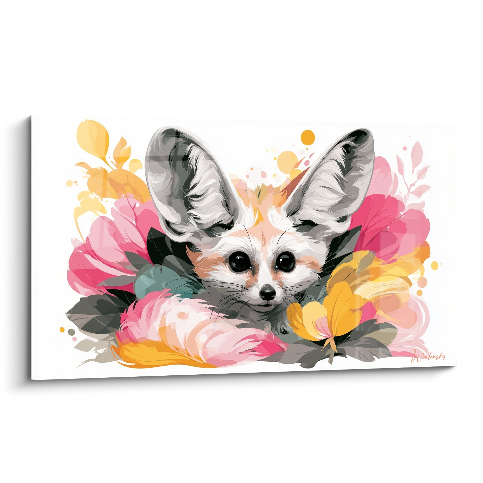 Fennec au museau crème entouré de fleurs roses fuchsia et jaunes dorées, style aquarelle