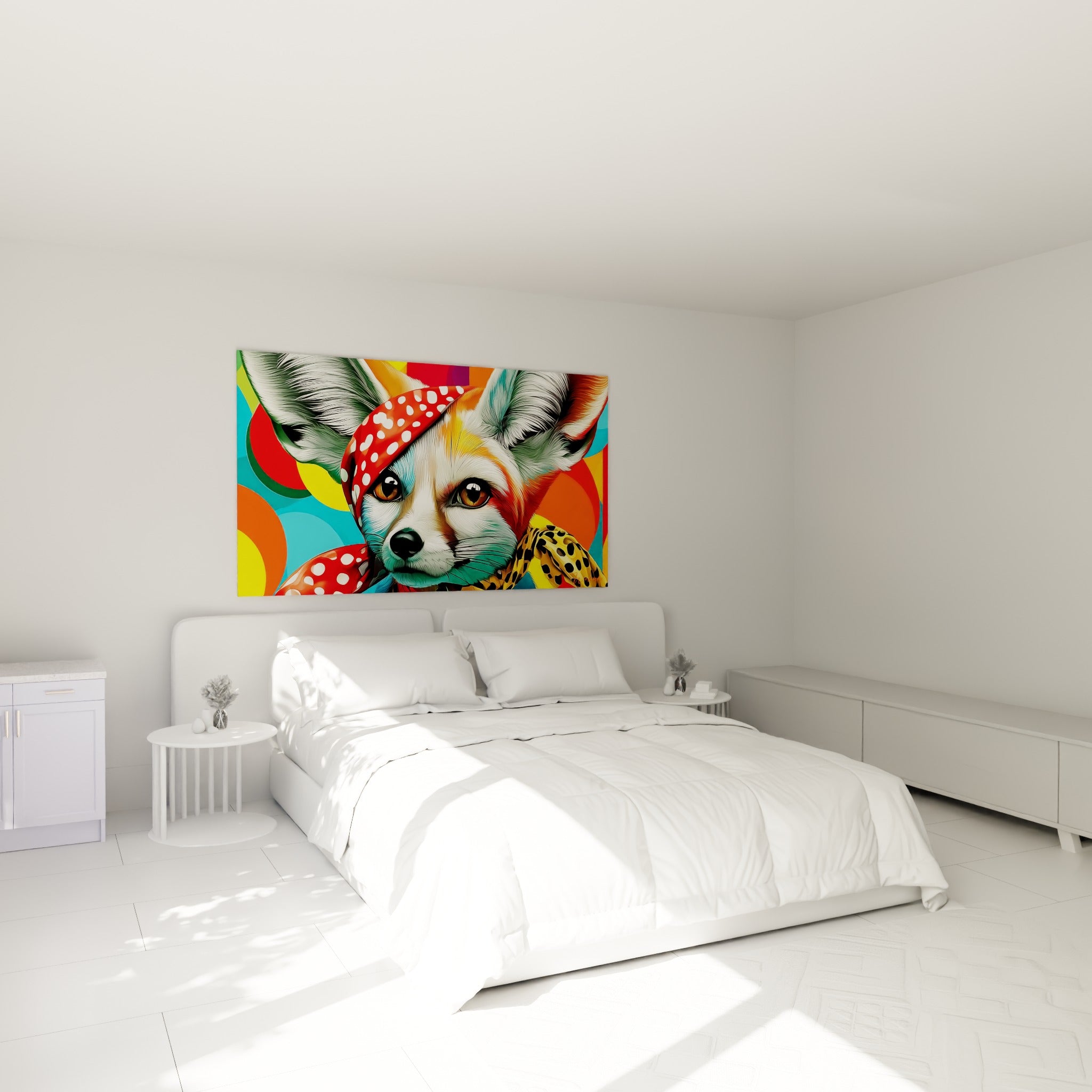 Museau blanc et turquoise du fennec paré d'un foulard léopard, accroché au-dessus d'un lit dans une chambre claire