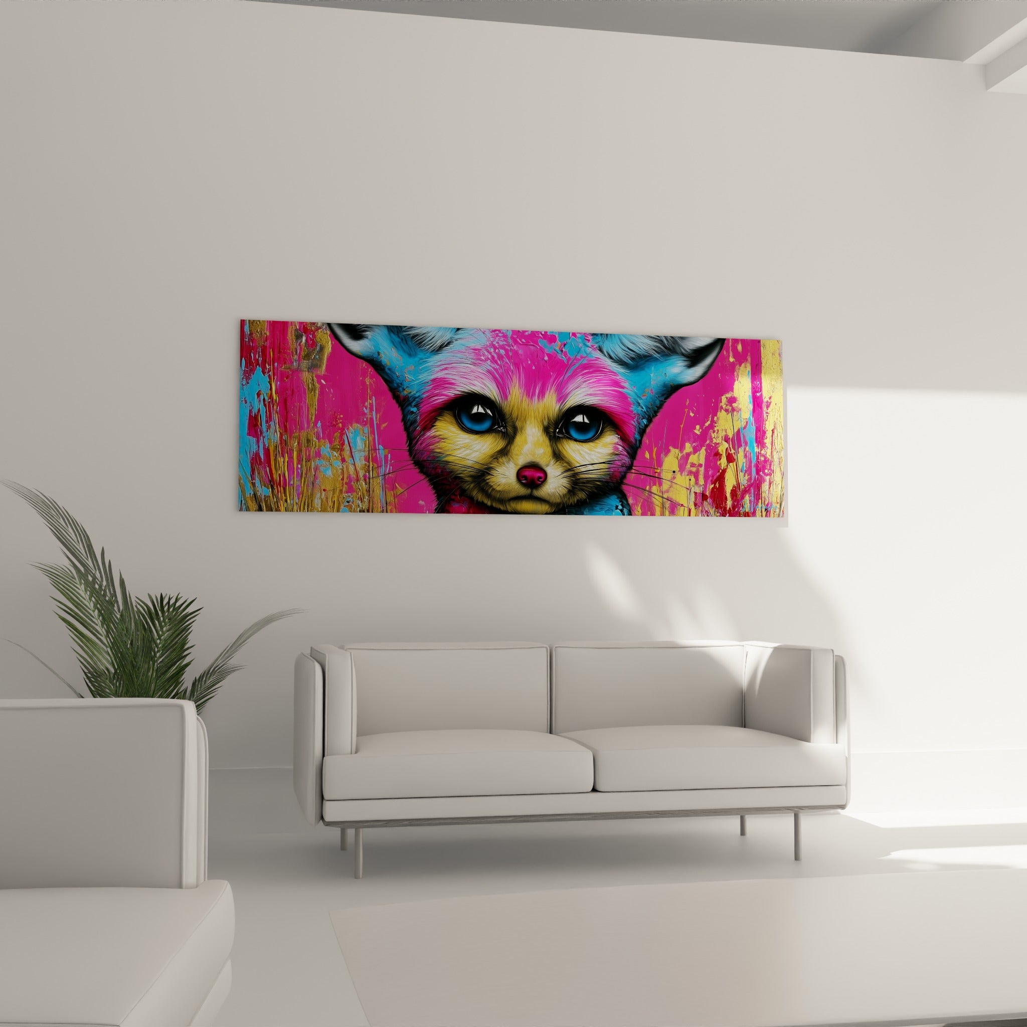 Portrait fuchsia et doré du fennec suspendu au-dessus d'un canapé dans un salon lumineux