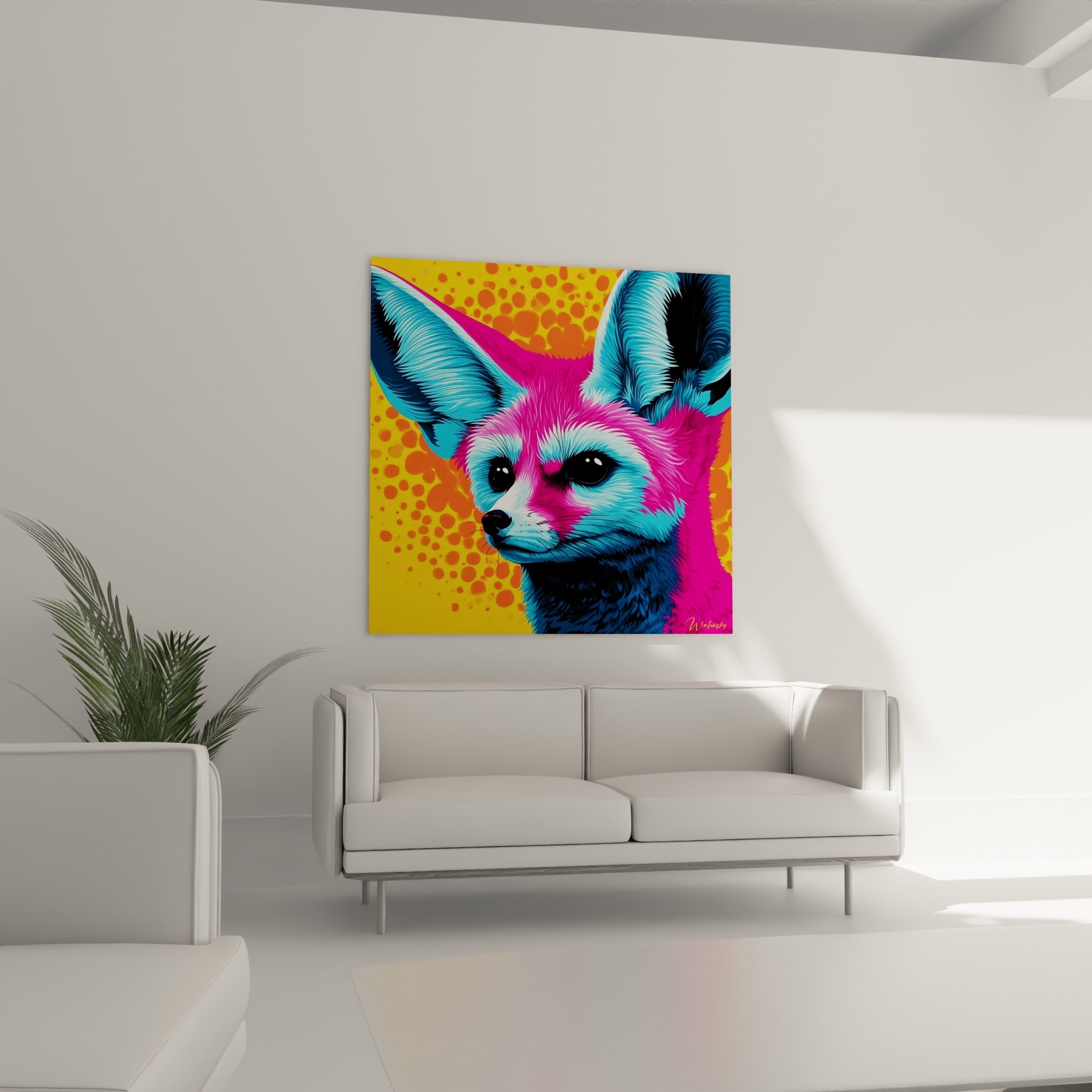 Oreilles dressées du fennec fuchsia et turquoise au-dessus d'un canapé dans un salon lumineux