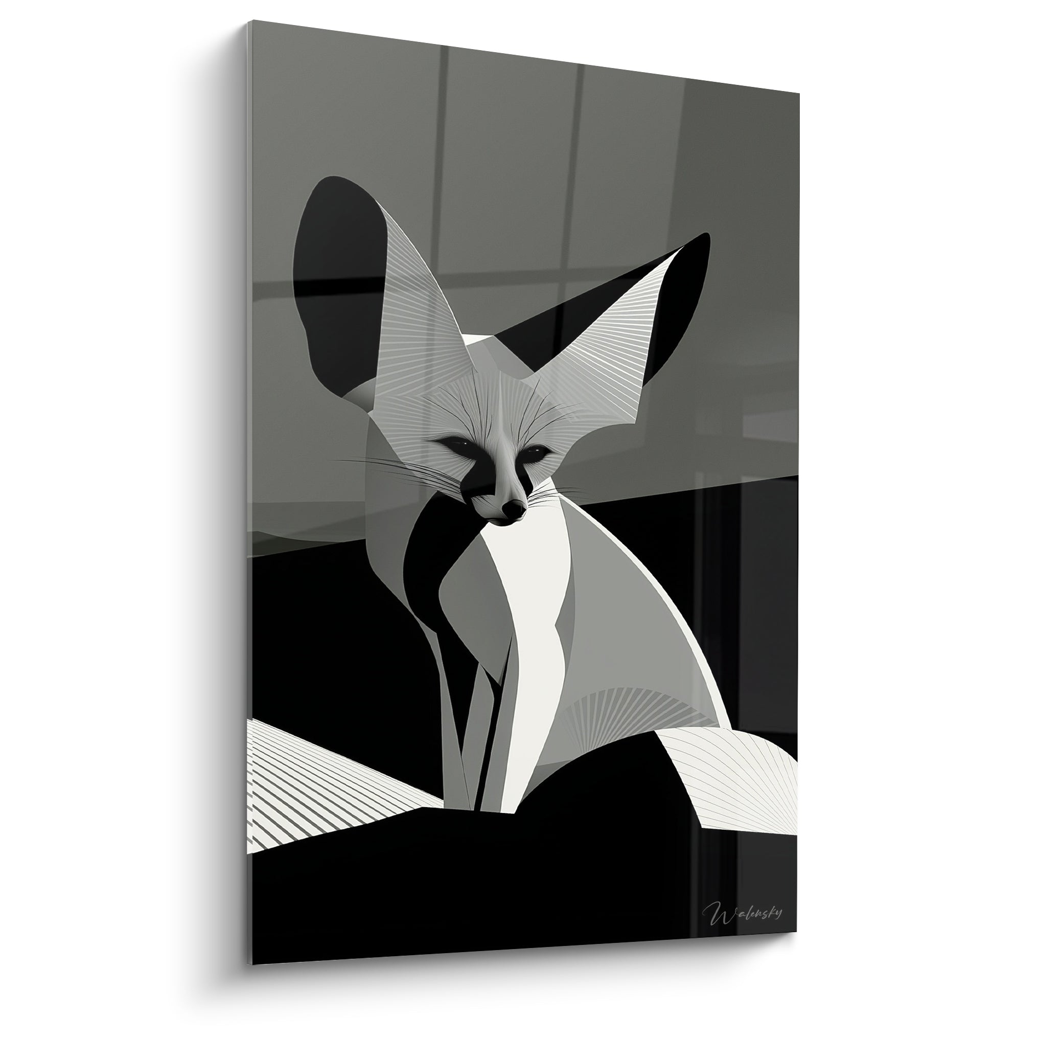 Fennec géométrique noir et blanc aux oreilles démesurées, style vectoriel graphique et anguleux
