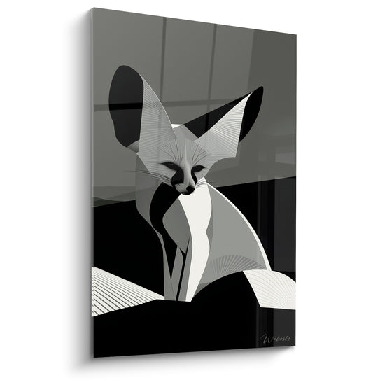 Fennec géométrique noir et blanc aux oreilles démesurées, style vectoriel graphique et anguleux