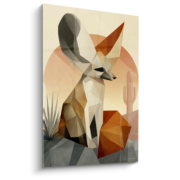 Tableau Fennec géométrique beige et roux près d'un cactus - Silhouette du désert - Edition Fennec