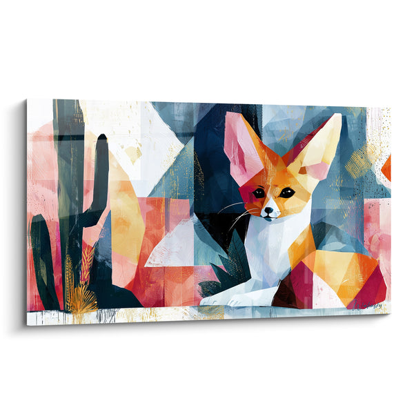 Tableau Fennec géométrique orange et rose près d'un cactus - Silhouette anguleuse au repos - Edition Fennec