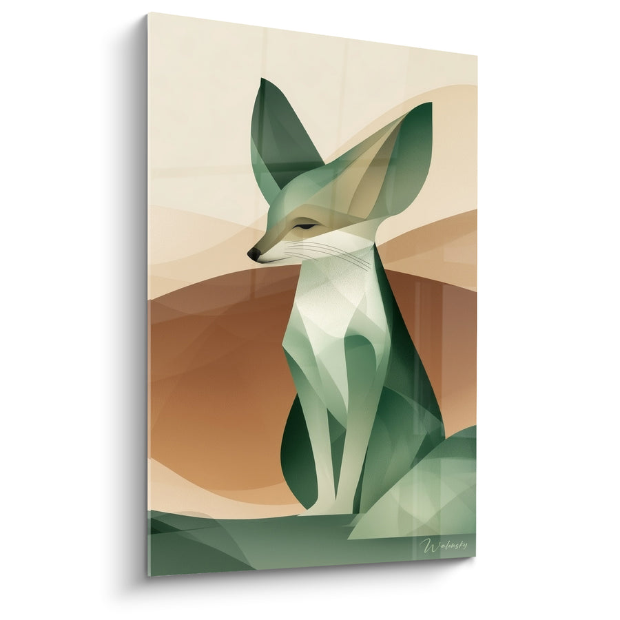 Tableau Fennec géométrique vert et beige assis - Silence du désert - Edition Fennec