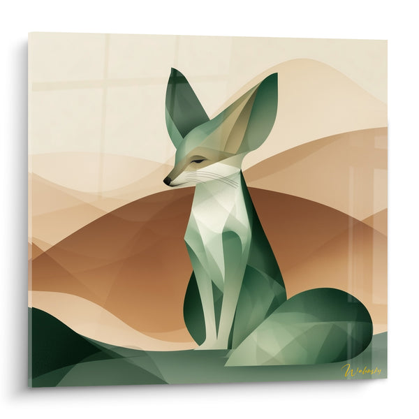 Tableau Fennec géométrique vert et beige dunes ondulantes - Silhouette facettée aux yeux clos - Edition Fennec
